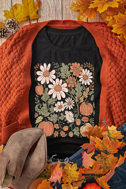 Black Wild Flower Pumpkin Print T Shirt Shewin
