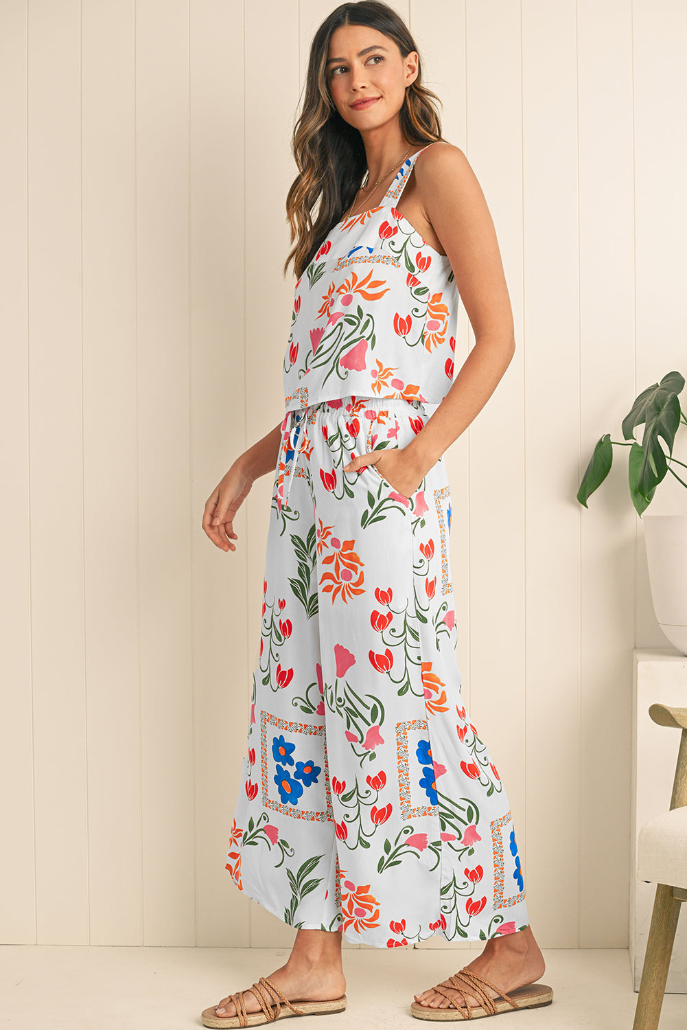 White Square Neck Tank & Wide Leg Pants Boho Floral Set Shewin