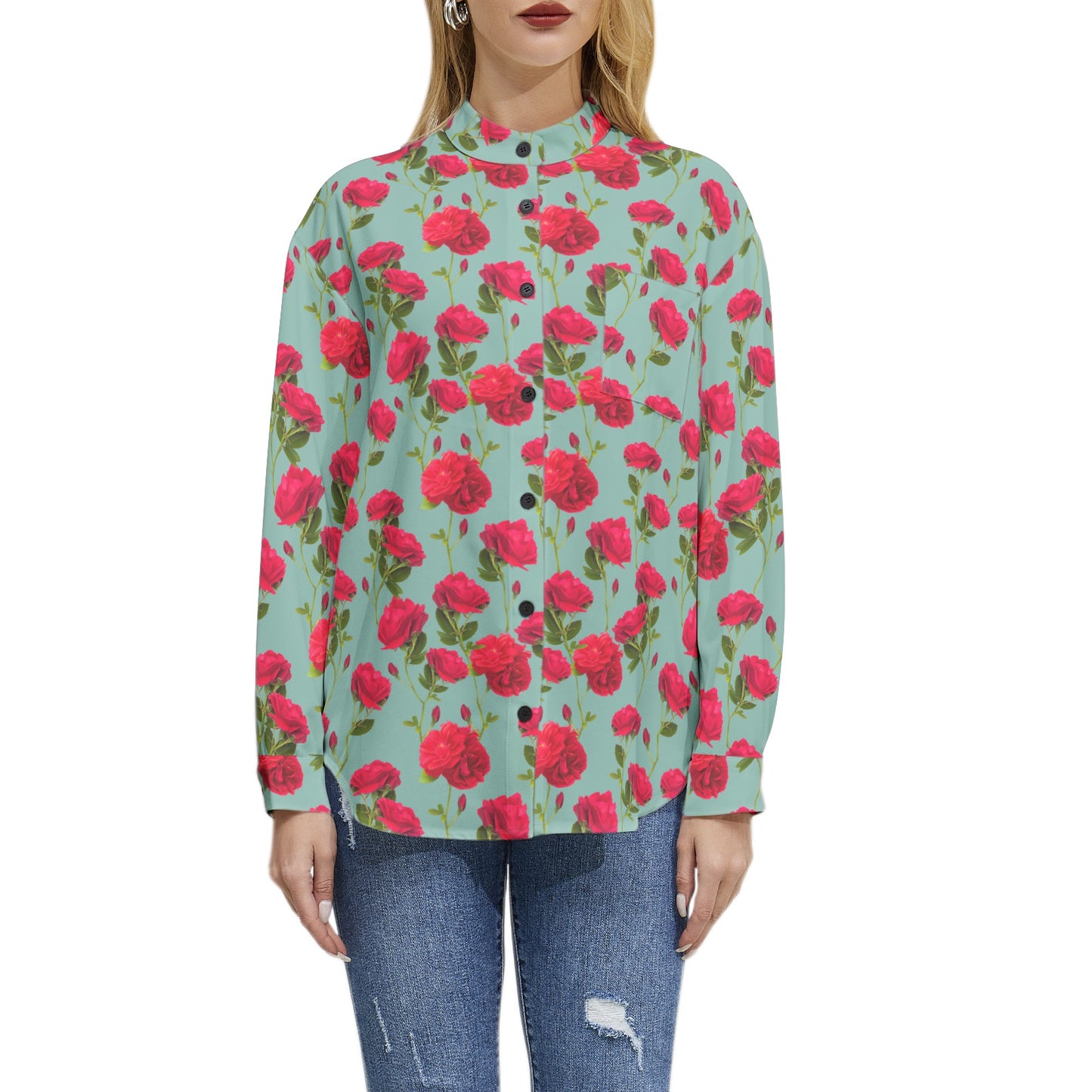 Long Sleeve Button Up Casual Shirt Top - Sky Blue and Red Rose Pattern