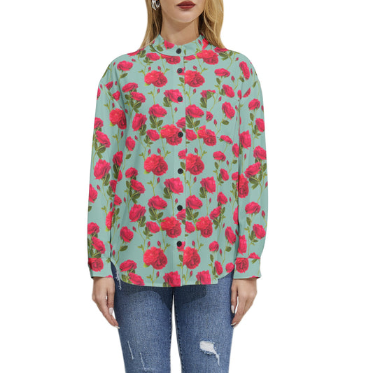Long Sleeve Button Up Casual Shirt Top - Sky Blue and Red Rose Pattern