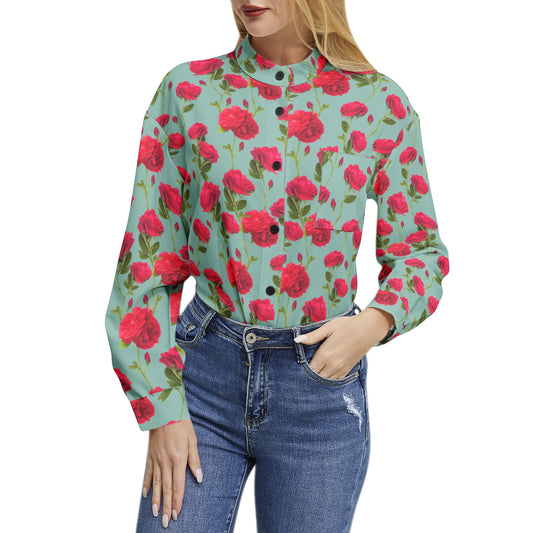 Long Sleeve Button Up Casual Shirt Top - Sky Blue and Red Rose Pattern