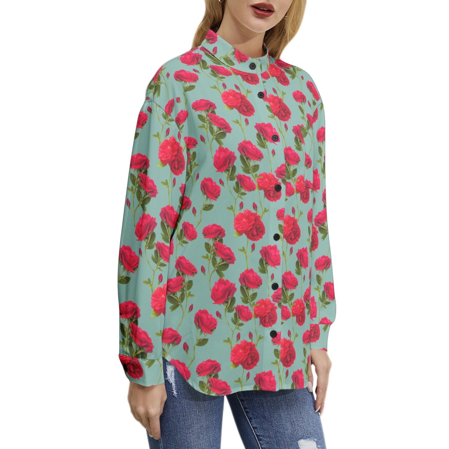 Long Sleeve Button Up Casual Shirt Top - Sky Blue and Red Rose Pattern