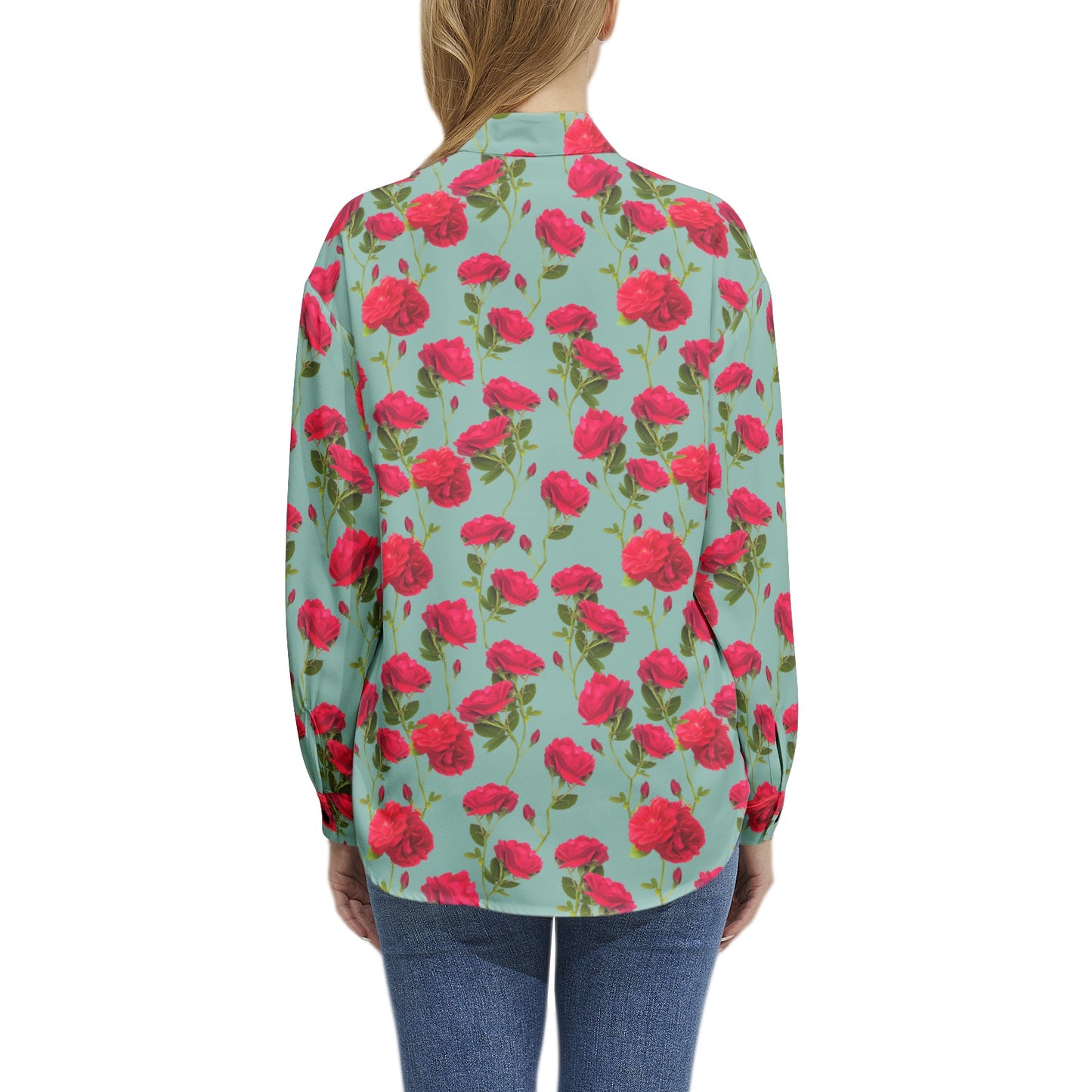 Long Sleeve Button Up Casual Shirt Top - Sky Blue and Red Rose Pattern
