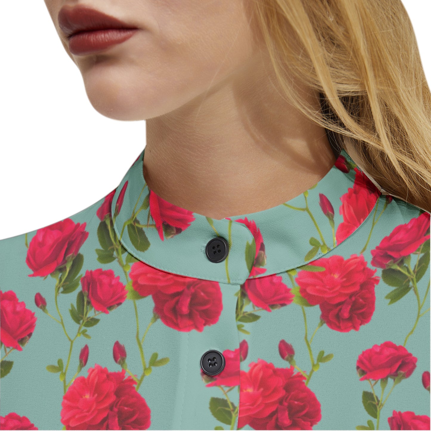 Long Sleeve Button Up Casual Shirt Top - Sky Blue and Red Rose Pattern