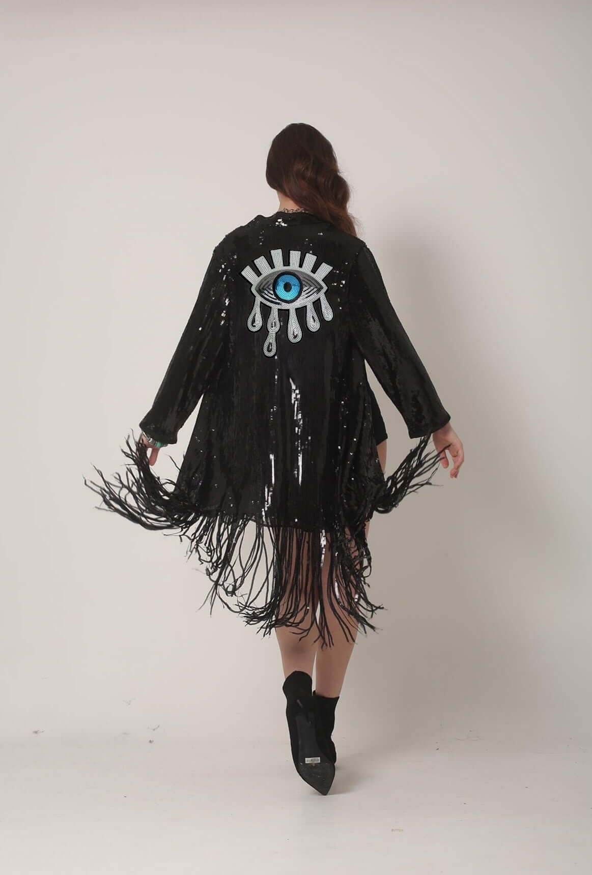 Black Sequin Kimono with Greek Eye for Rave and Festival Outfit