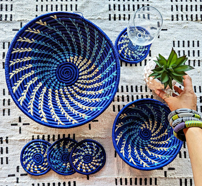 Large Blue White Woven African Basket