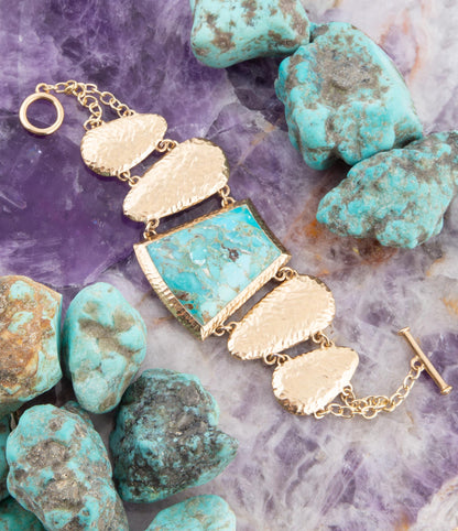 Blue Turquoise Jeweled Statement Link Golden Bracelet