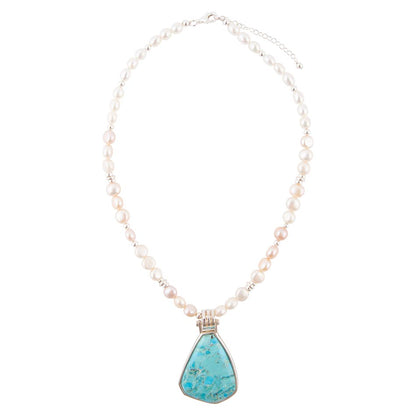 Blue Turquoise Pendant and White Pearl Sterling Silver Necklace
