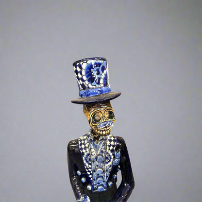 Blue & White Talavera Catrin Statue | Day of the Dead Figurine