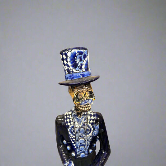 Blue & White Talavera Catrin Statue | Day of the Dead Figurine