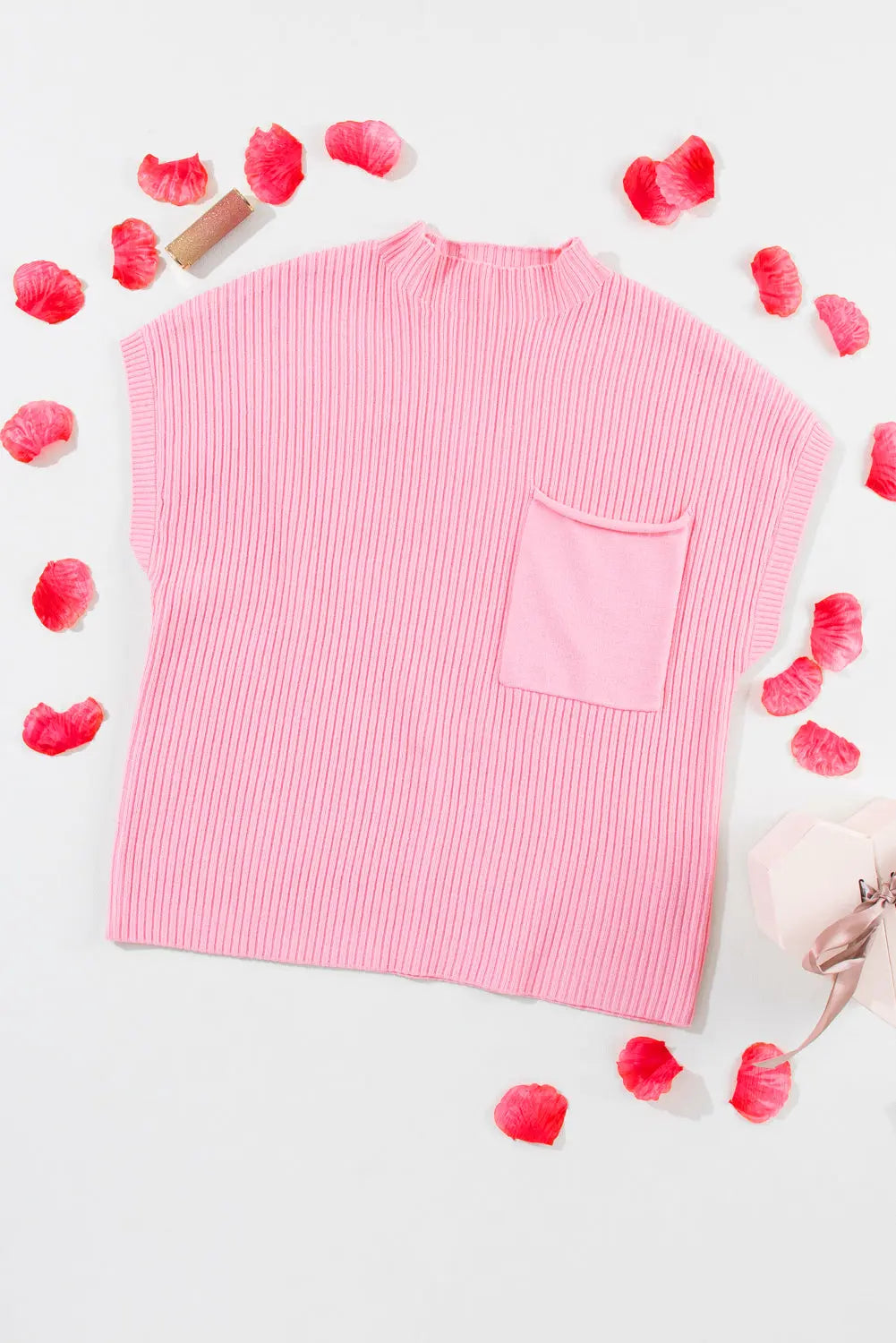 Gold Flame Patch Pocket Ribbed Knit Short Sleeve Sweater Shewin