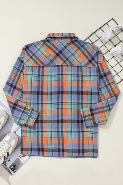 Orange Plaid Print Pocket Loose Shirt Shewin