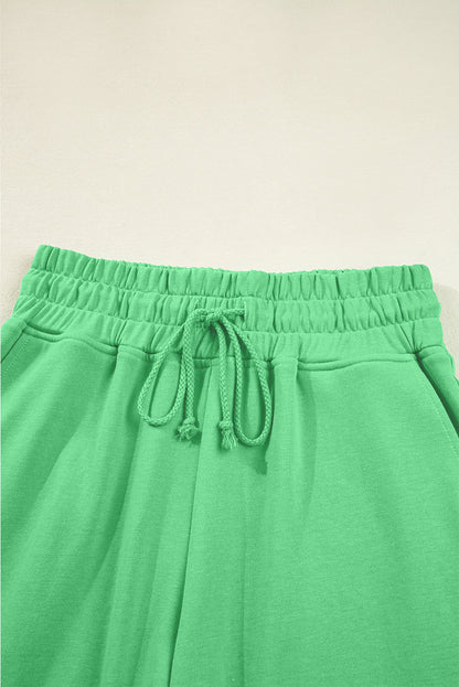 Flamingo Drop Shoulder Crop Pullover Drawstring Wide Leg Pants Set Shewin