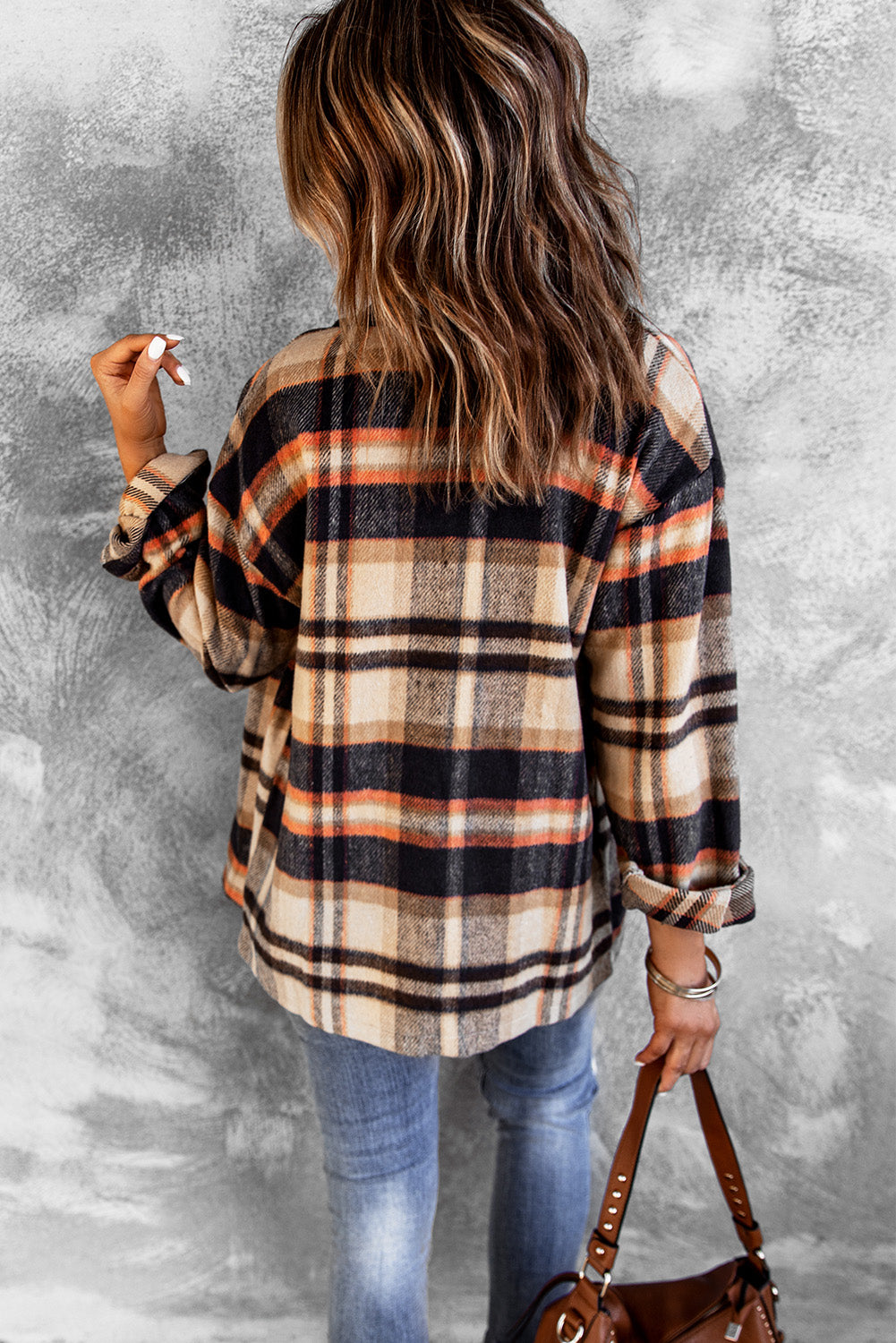 Brown Plaid Button Up Long Sleeve Flannel Shacket Shewin
