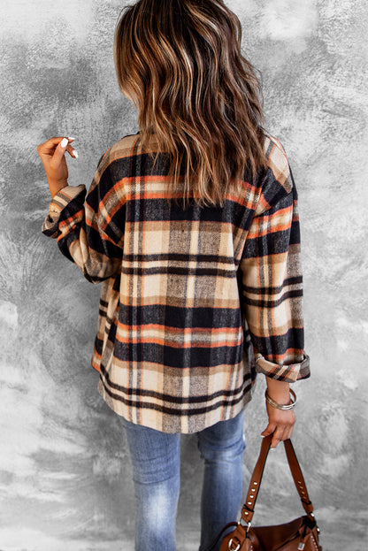 Brown Plaid Button Up Long Sleeve Flannel Shacket Shewin