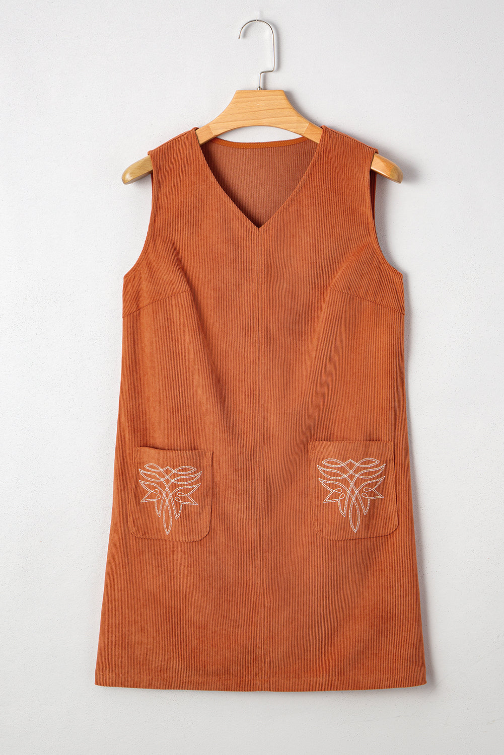 Gold Flame Corduroy Embroidered Patch Pocket Sleeveless Mini Dress Shewin