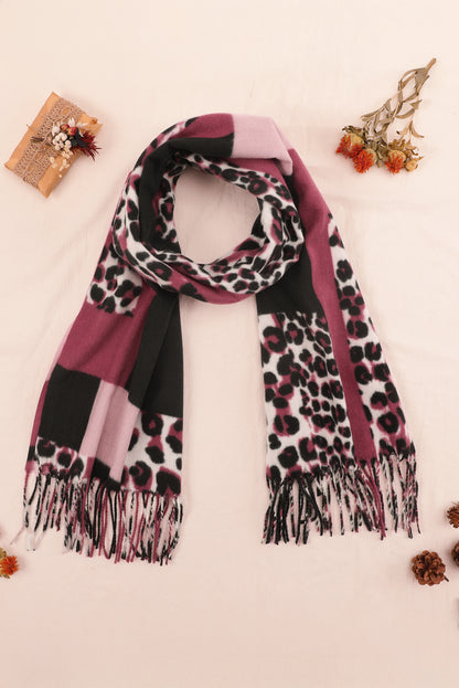 Rose Red Leopard Color Block Print Tassel Trim Terylene Scarf