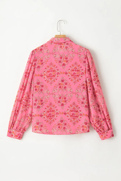 Black Floral Print Collared Button Up Puff Sleeve Shirt Shewin