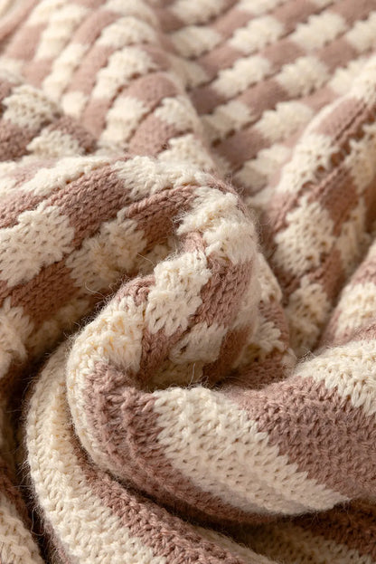 Khaki Stripe Checkerboard Drop Shoulder Balloon Sleeve Sweater Shewin