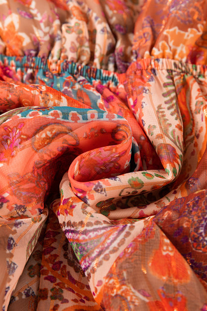 Orange Boho Paisley Print Long Sleeve Pleated Belted Mini Dress Shewin