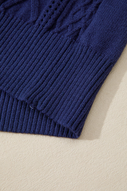 Navy Blue Mix Texture Knit Eyelet Detail Casual Sweater