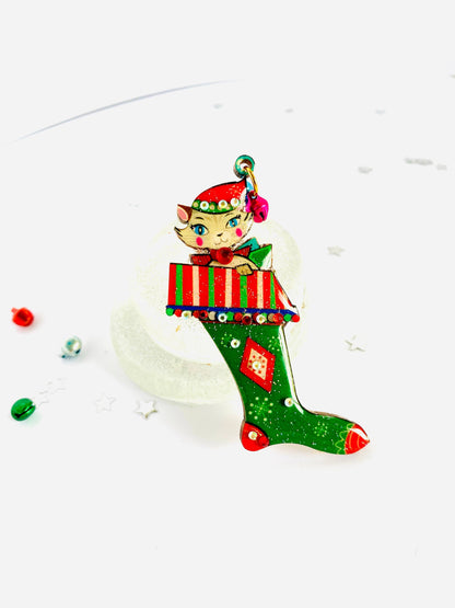 Mr Cat in a Stocking Brooch by Rosie Rose Parker