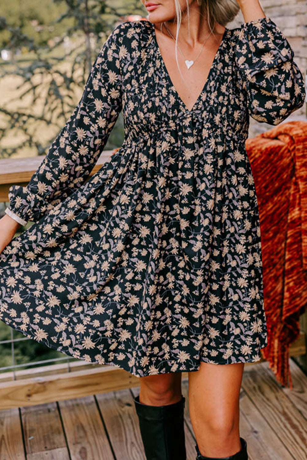 Beige Floral Smocked V Neck Bubble Sleeve Babydoll Dress Shewin