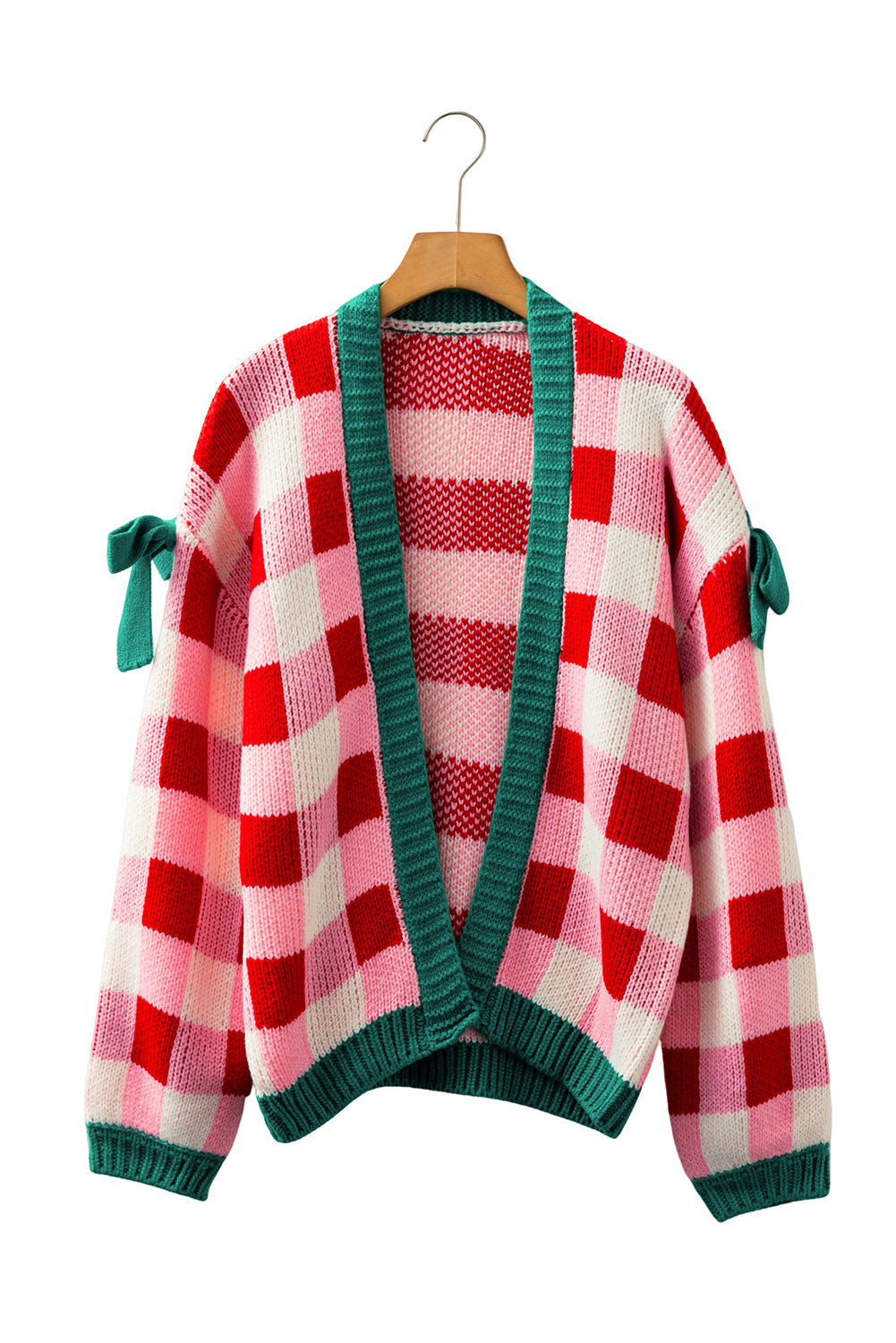 Pink Colorblock Checkered Open Front Knit Cardigan