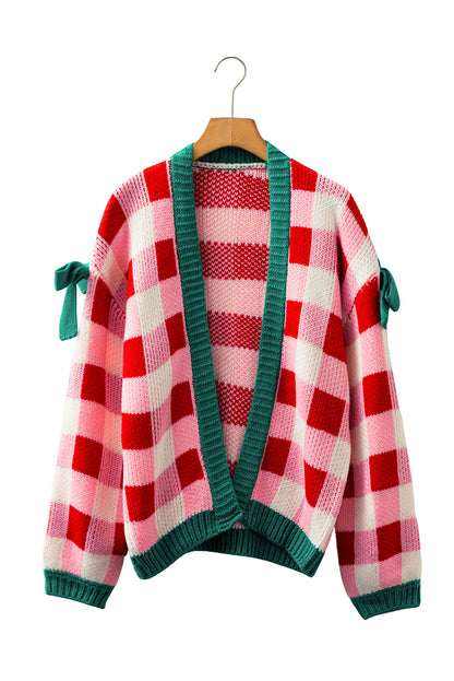 Pink Colorblock Checkered Open Front Knit Cardigan