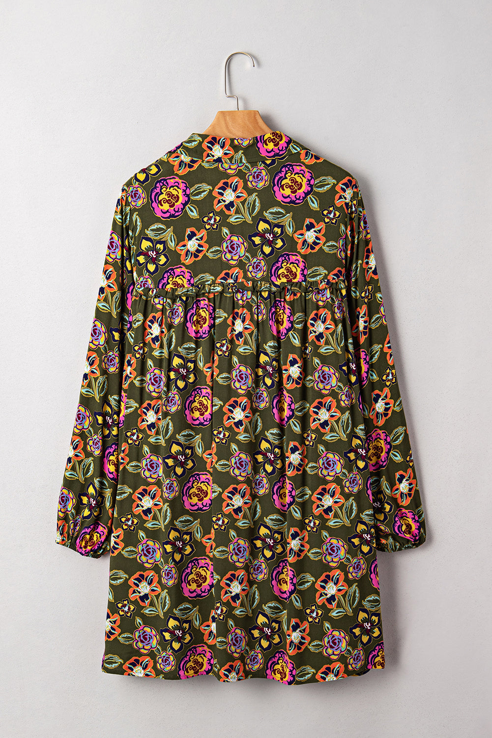 Green Floral Print Split Neck Bubble Sleeve Mini Dress Shewin
