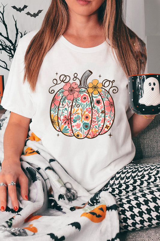 White Floral Pumpkin Print Cotton Blend T Shirt Shewin