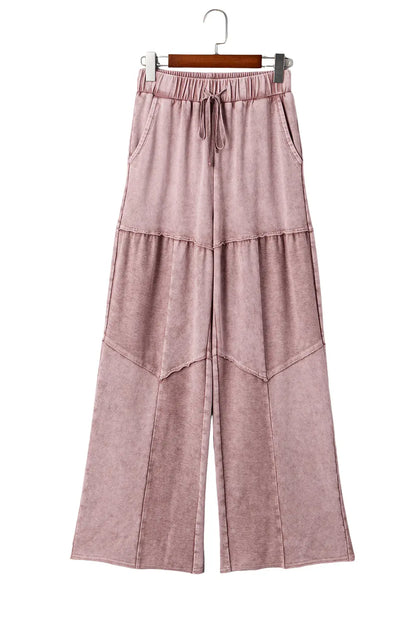 Mineral Wash Tiered Wide Leg Patchwork Drawstring Pants Shewin