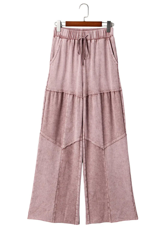 Mineral Wash Tiered Wide Leg Patchwork Drawstring Pants Shewin