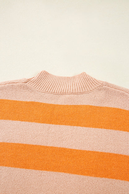 Orange Striped Colorblock High Neck Drop Shoulder Cozy Sweater Shewin