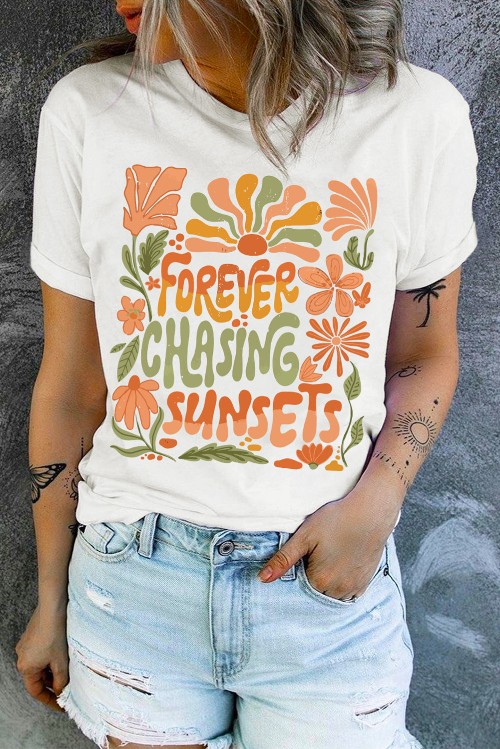 White FOREVER CHASING SUNSETS Floral Print T Shirt Shewin