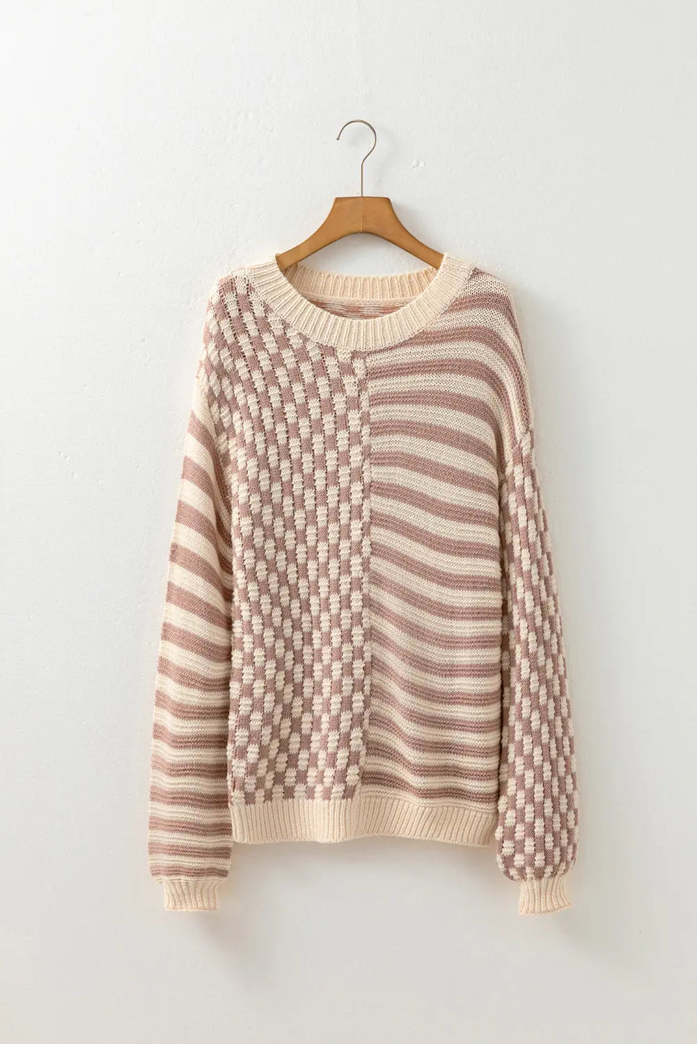 Khaki Stripe Checkerboard Drop Shoulder Balloon Sleeve Sweater Shewin