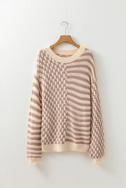 Khaki Stripe Checkerboard Drop Shoulder Balloon Sleeve Sweater Shewin