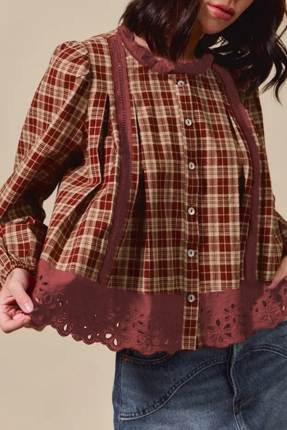 Red Dahlia Plaid Lace Hem Button Down Shirt