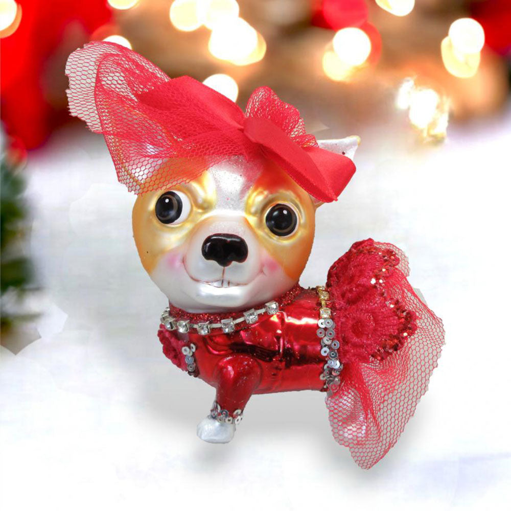 Chihuahua in Red Party Dress Ornament by December Diamonds Quirks!
