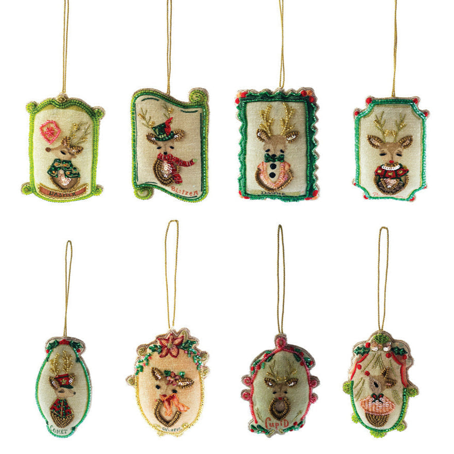 Cotton Santa's Reindeer Ornament w/ Glass Beads & Sequins Set of 8 Quirks!