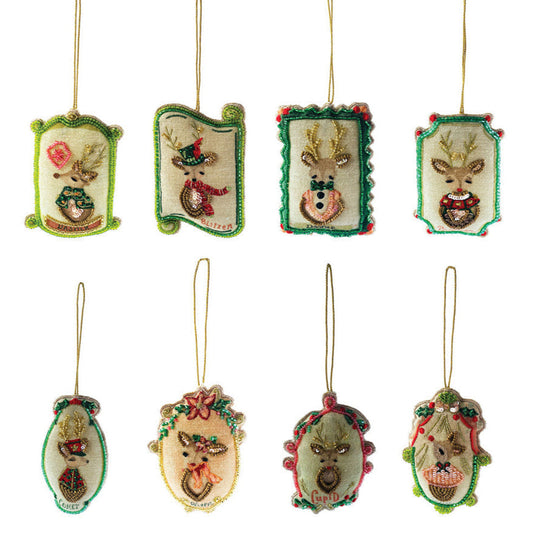Cotton Santa's Reindeer Ornament w/ Glass Beads & Sequins Set of 8 Quirks!