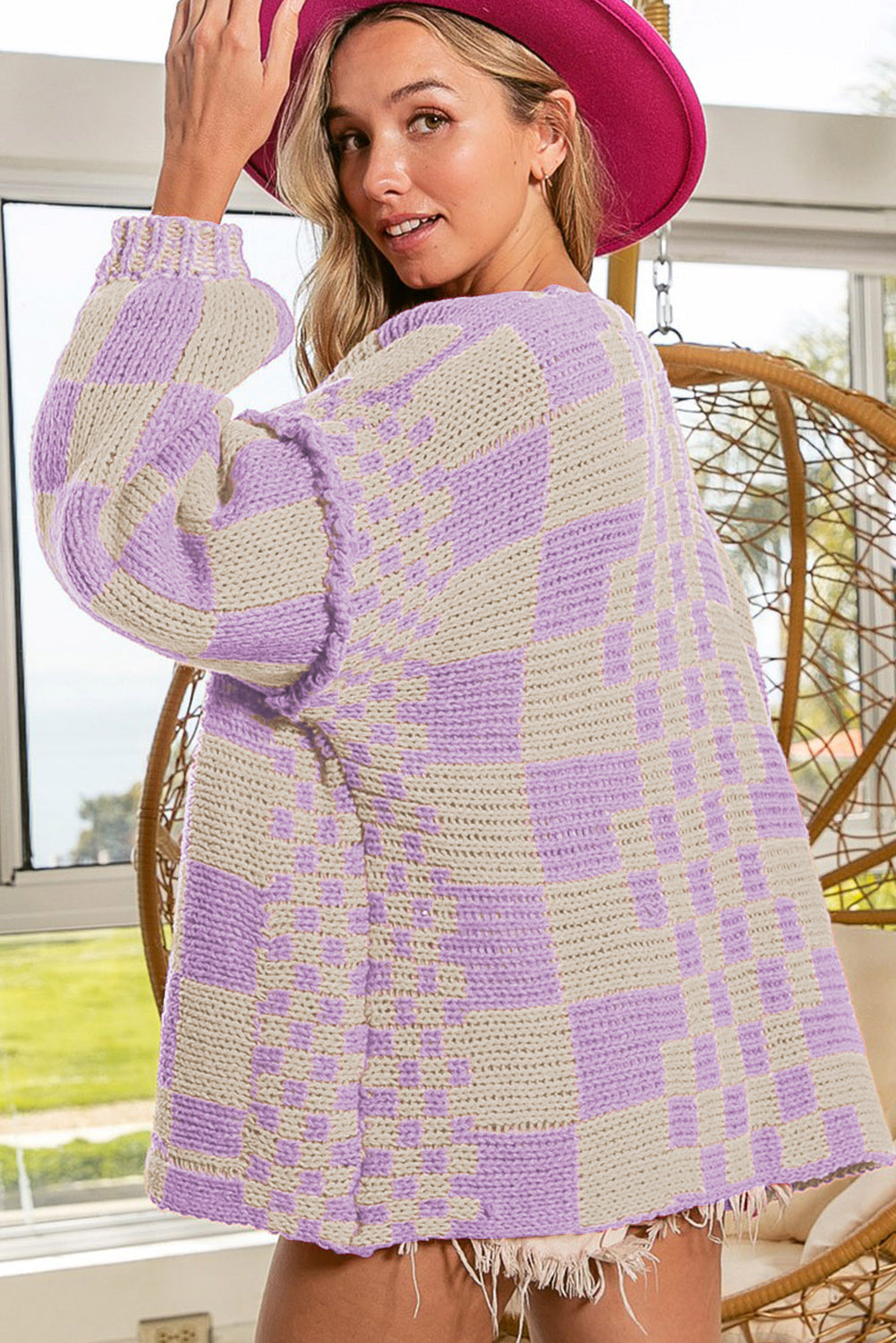 Dark Brown Colorblock Checked Loose Fit Open Front Knitted Cardigan Shewin