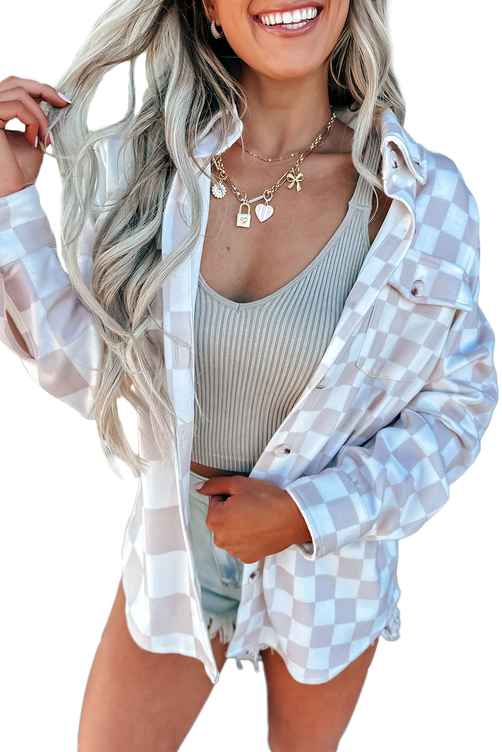 Green Checkerboard Flap Pocket Button Front Shacket