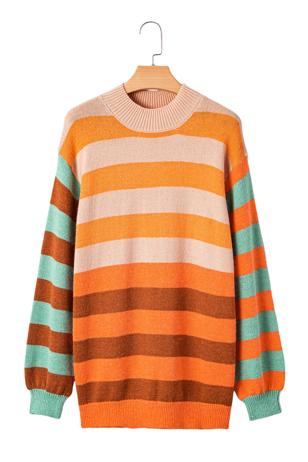 Orange Striped Colorblock High Neck Drop Shoulder Cozy Sweater Shewin