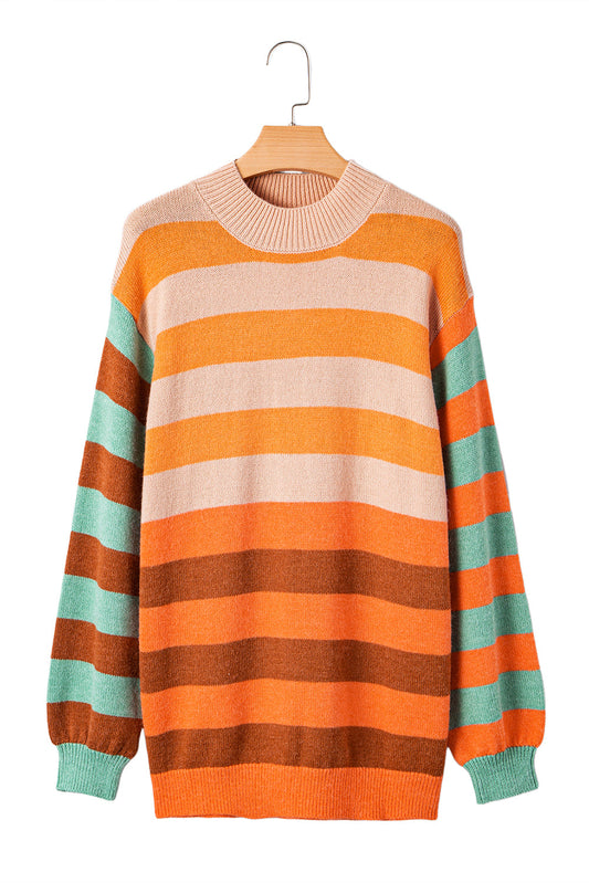 Orange Striped Colorblock High Neck Drop Shoulder Cozy Sweater Shewin