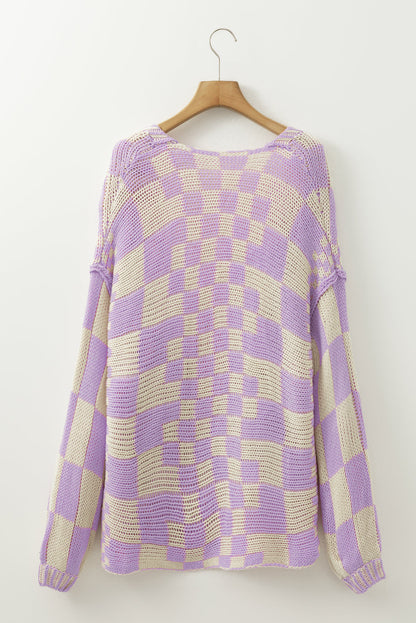 Dark Brown Colorblock Checked Loose Fit Open Front Knitted Cardigan Shewin