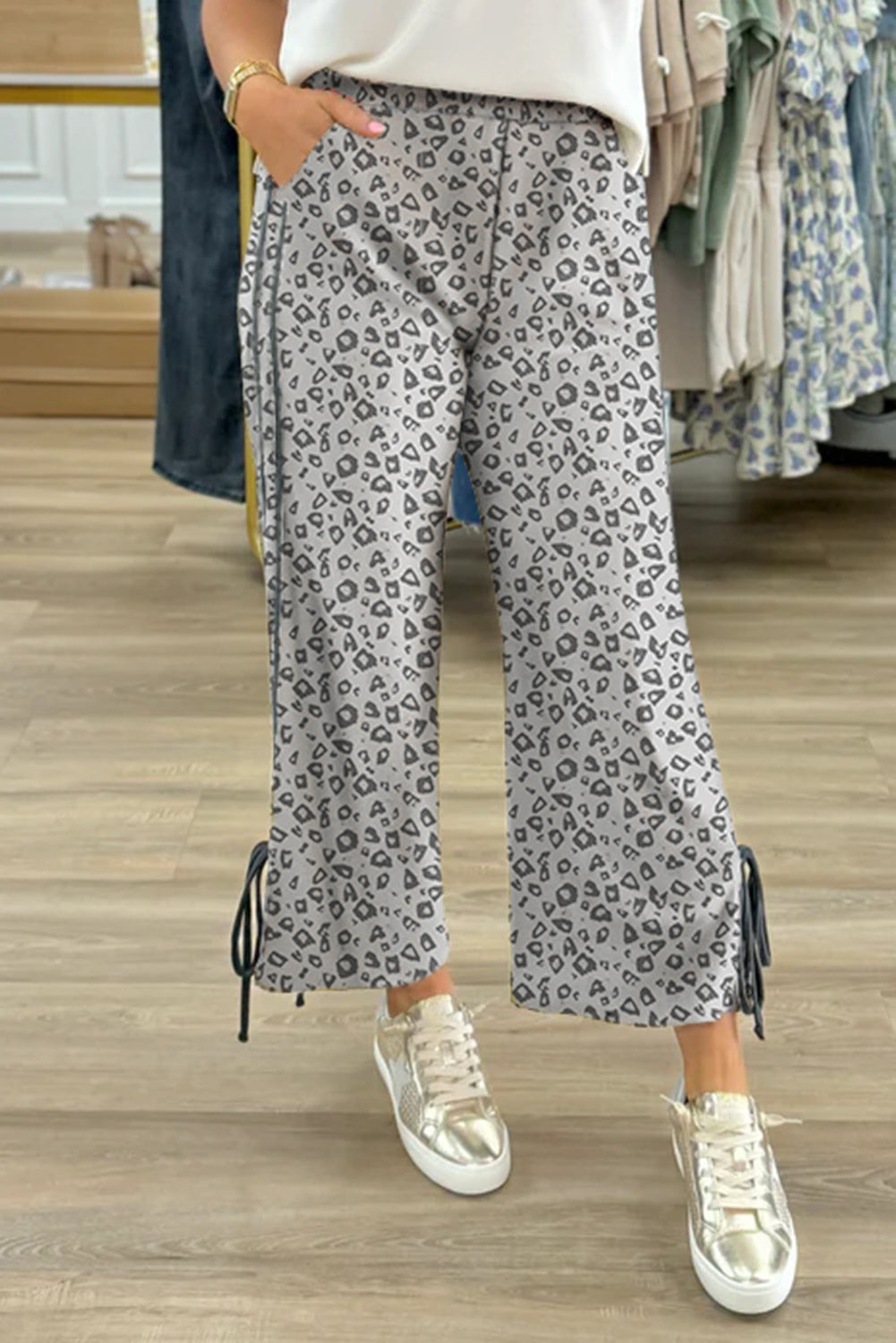 Khaki Leopard Print High Rise Knot Side Pants Shewin