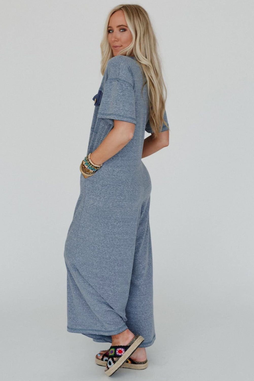 Beau Blue Patchwork Pocket Short Sleeve Jumpsuit Shewin