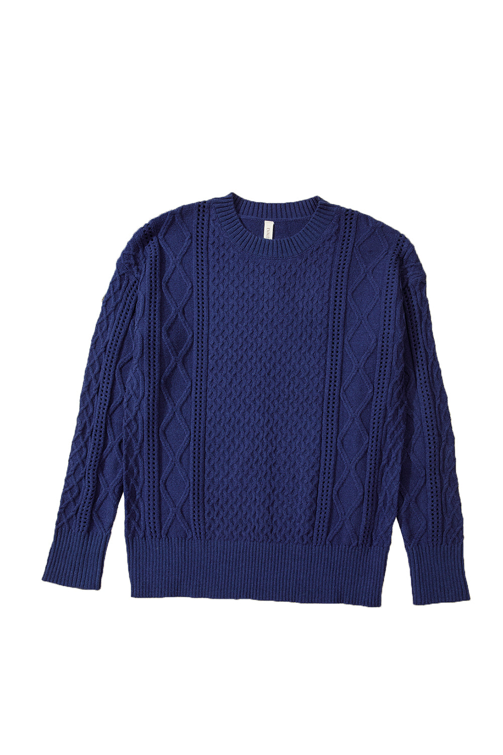 Navy Blue Mix Texture Knit Eyelet Detail Casual Sweater