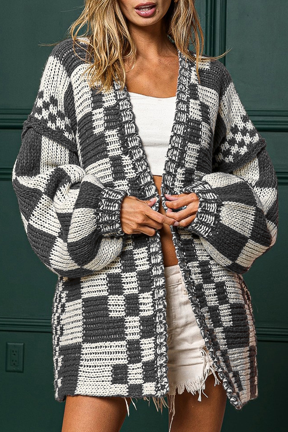 Dark Brown Colorblock Checked Loose Fit Open Front Knitted Cardigan Shewin